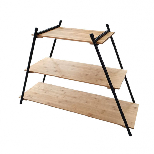 OEM wholesale outdoor folding portable 3 layer tier foldable metal bamboo storage display camping stand shelf rack