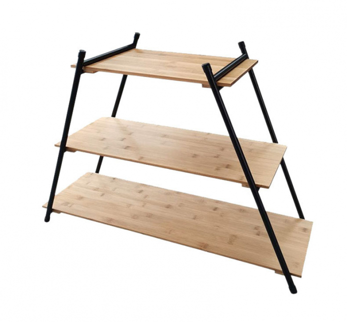 OEM wholesale outdoor folding portable 3 layer tier foldable metal bamboo storage display camping stand shelf rack